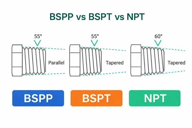 NPT vs BSPT vs BSPP thread comparison hydraulic fittings