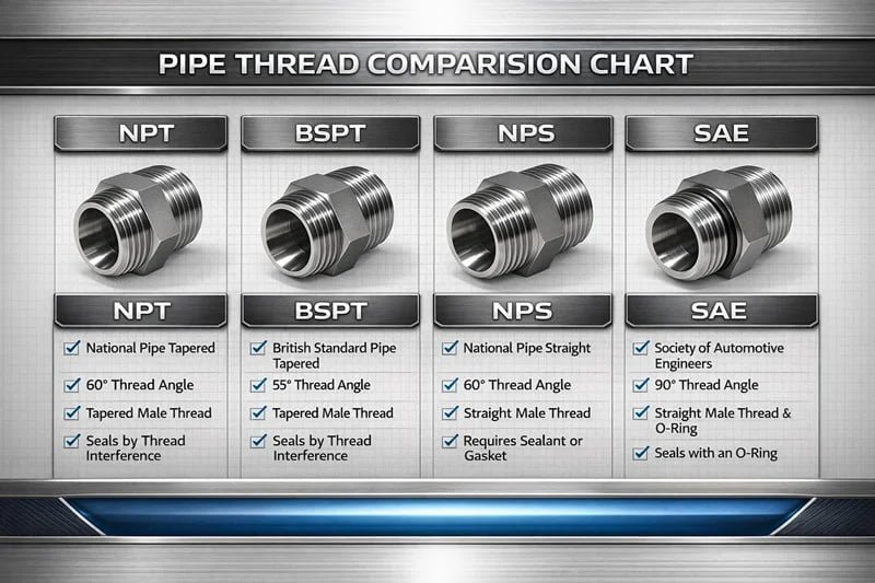 Pipe thread comparison chart NPT BSPT NPS SAE